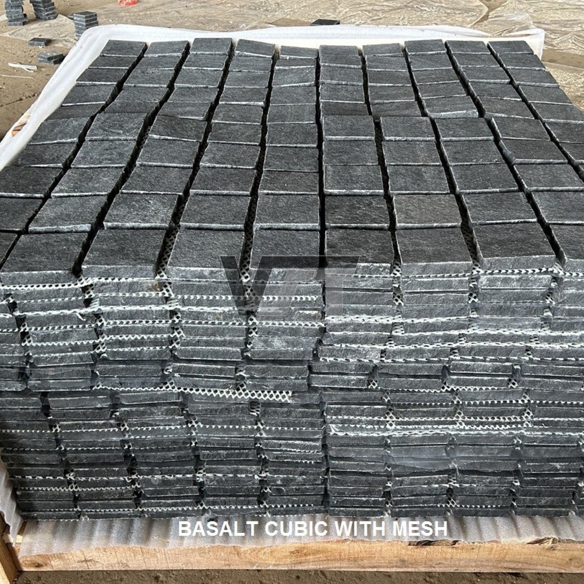 Black basalt cobble meshed
